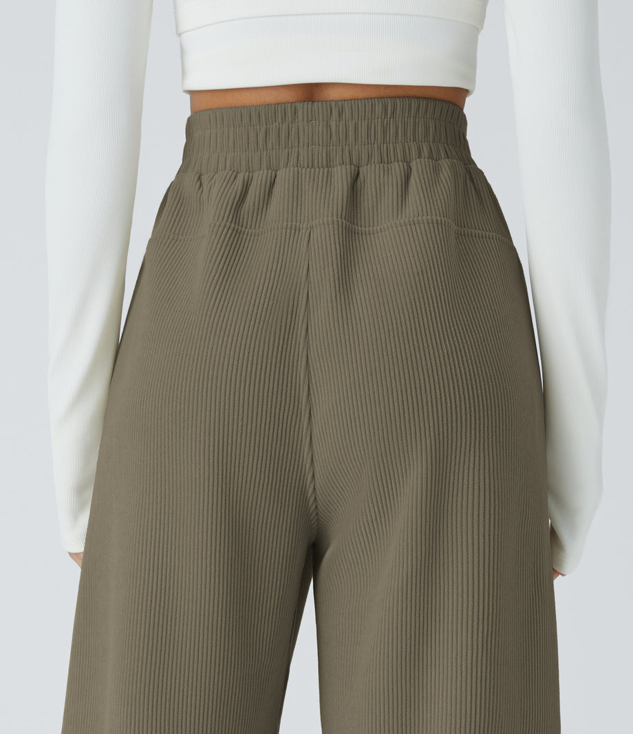 High Waisted Pocket Straight Leg Baggy Mop Corduroy Casual Pants - Sea Turtle
