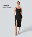 SoftlyZero™ Airy Square Neck Backless Corset Ruched Split Bodycon Midi Cool Touch Bridesmaid and Wedding Guest Dress - Black