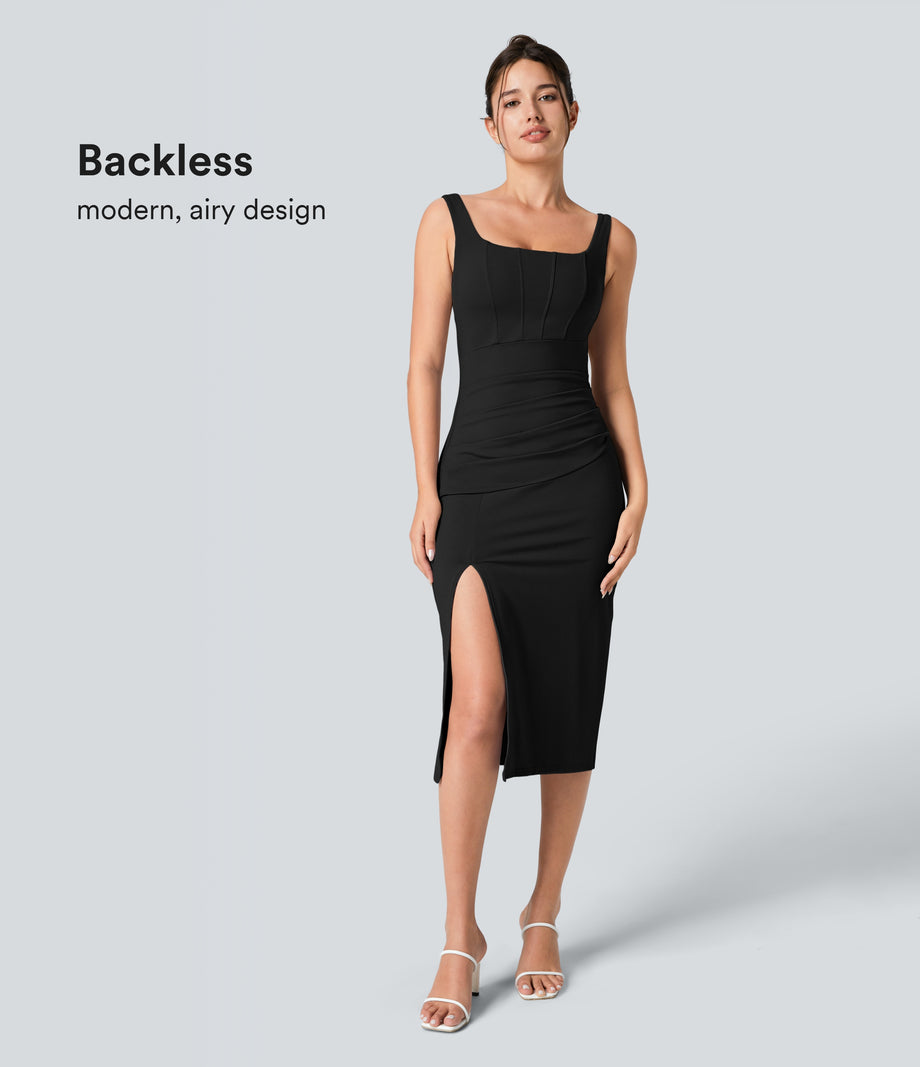 SoftlyZero™ Airy Square Neck Backless Corset Ruched Split Bodycon Midi Cool Touch Bridesmaid and Wedding Guest Dress - Black