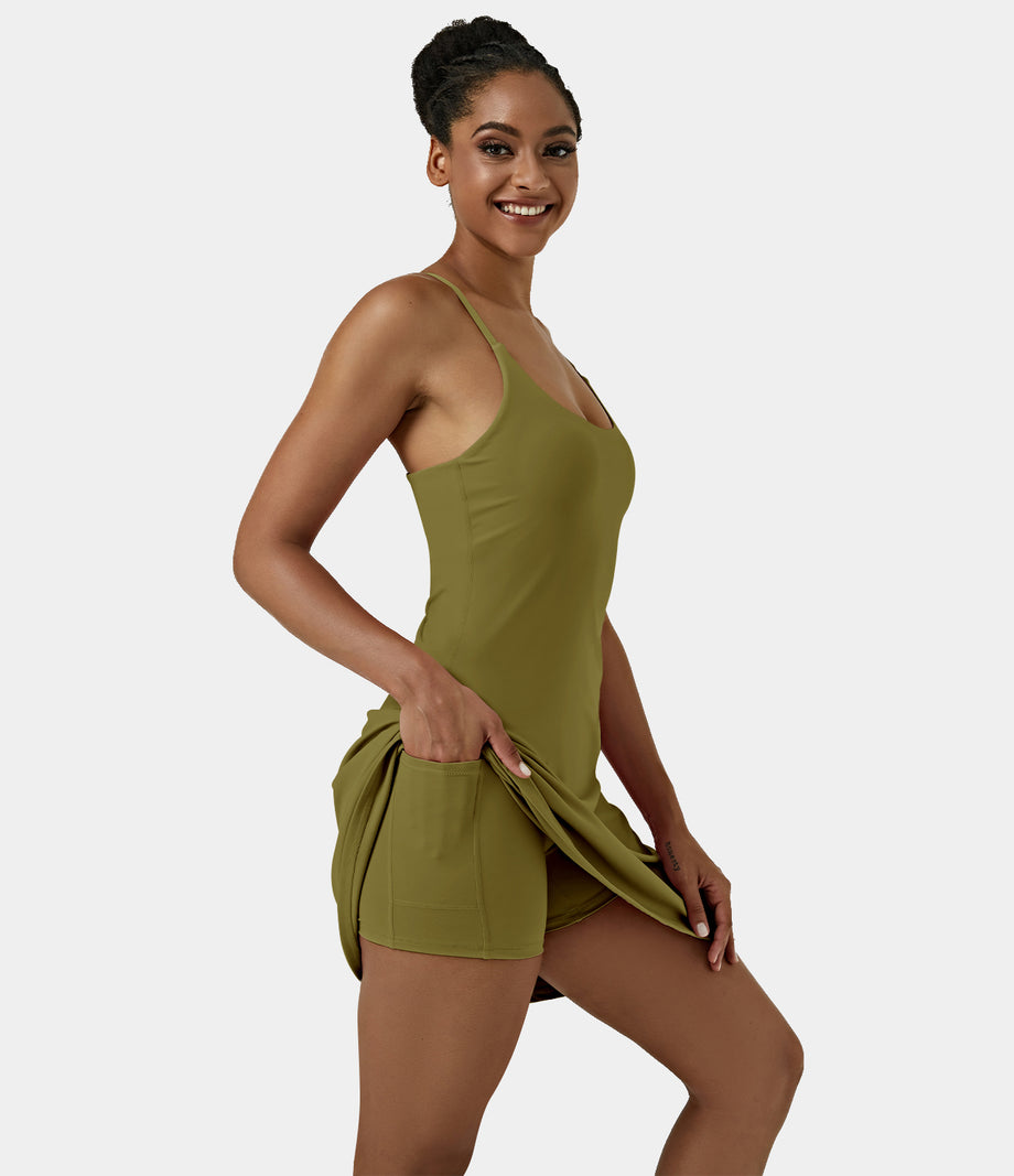 SoftlyZero™ Airy Cut Out 2-in-1 Pocket Cool Touch Longer Active Dress-UPF50+ - Olive Green
