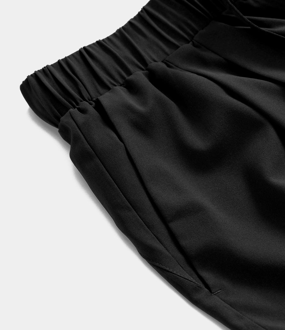 High Waisted Elastic Waistband Drawstring Pleated Yoga Shorts 3" with Pockets - Black