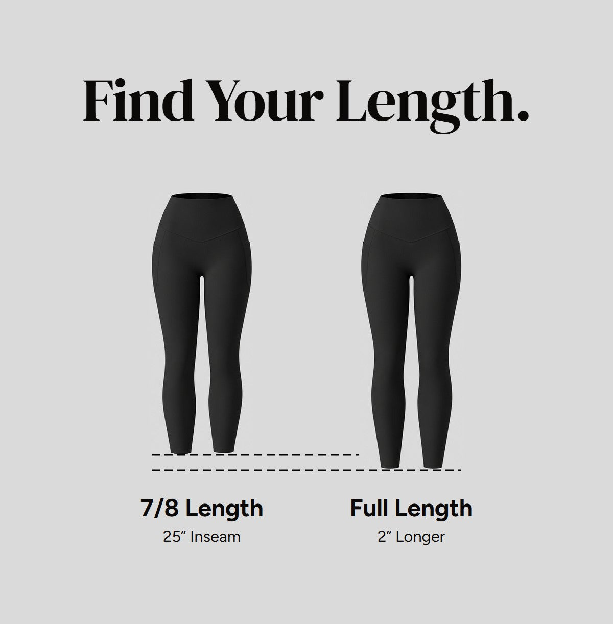 7/8 Length next to Full Length: a 25 inch inseam against one 2 inches longer.